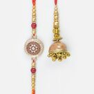 Pearl Studded Meena Work Coin Shape Brother Rakhi with Beautiful Lumba Rakhi Set of 2