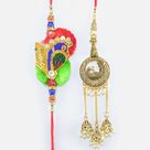Red Blue and Green Color Zardosi Bhai Rakhi and Magnificent Lumba Rakhi Set