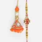 Black Color Beautiful Jewel Studded Brother Rakhi with Retro Style Hanging Lumba for Bhabhi