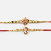 Auspicious Kalash and Lord Ganesha with Creamy Color Beads 2 Rakhis Set for Brothers