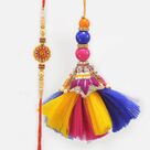 Om Floral Creamy Beads Rakhi with Colorful Eye Catching Lumba Amazing Bhaiya Bhabhi Rakhi Set