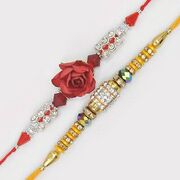 Rose Flower Pattern Zardosi and Jewel Studded Thread Eye Catching Set of Two Brother Rakhi\