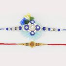 Blue Shaded Zardosi Work Flower and Divine Swastika Mauli Thread Rakhi 2 Brother Rakhis