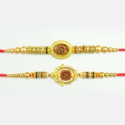 Golden Designer Om Rakhi Set of 2 with Studded Diamonds And Pearls