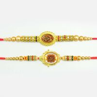 Golden Designer Om Rakhi Set of 2 with Studded Diamonds And Pearls