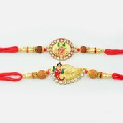 Beautiful designer Golden Ganesha Rakhi with Rudraksh And Pearls