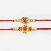 Central Red Diamond Rakhi In Mauli Dori
