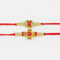 Central Red Diamond Rakhi In Mauli Dori