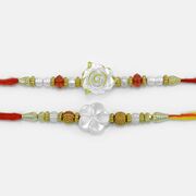 Set of Two Mauli Rakhi with Two Different White Flowers in Mid and Multicolor Beads