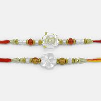 Set of Two Mauli Rakhi with Two Different White Flowers in Mid and Multicolor Beads