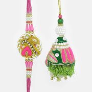 Fabulous Zardosi Rakhi Set with colored Beads and Embroided with Multicolor Threads