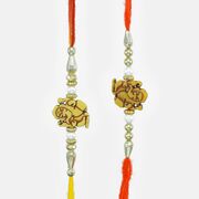 Ganesha Mauli Rakhi Pair White and Golden Artificial Beads