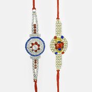 Festive Elegance Jewel Rakhi Combo with Red and Blue Stone in mid