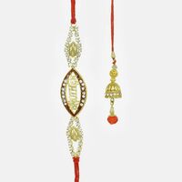 Beautiful Brother Rakhi Studded with Kundan and Jhumki Lumba with Red Crystal Latkan