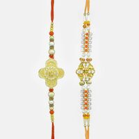 Gold Floral Medallion and Leaf-Floral Centered Rakhi sets with Golden Beads and Rinestones