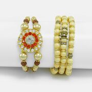 Jewel Rakhi studded with multi colored Diamond Paired with Stringed off-white Beads Rakhi Bracelet 