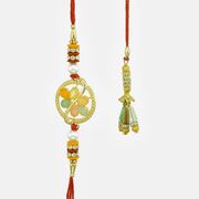 Petal floral Golden Framed Rakhi with Three Crystal Drop Tessels Lumba Set 
