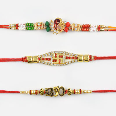 Beads and Diamonds Ganesha, Swatika and Om Rakhi Set of 3