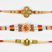 Beautiful Pearls with Auspicious Mauli Thread Rakhi Set of 3
