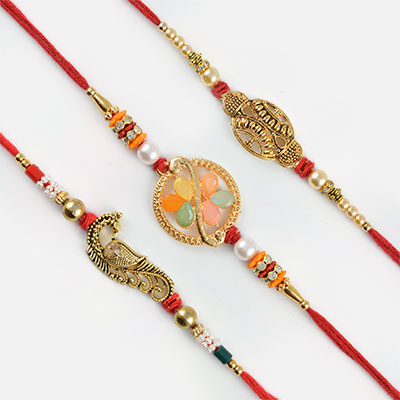 Astonishing Golden Mayur and Colourful Beads Rakhi Set of 3
