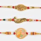 Astonishing Golden Mayur and Colourful Beads Rakhi Set of 3