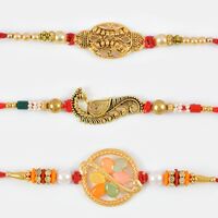 Astonishing Golden Mayur and Colourful Beads Rakhi Set of 3