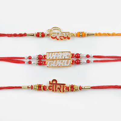 Red Mauli String Veera Rakhis with Wahe Guru Rakhi Set of 3