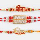 Red Mauli String Veera Rakhis with Wahe Guru Rakhi Set of 3