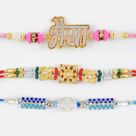 Bhaiya Rakhi along with Silver and Blue Diamonds Rakhi Set of 3