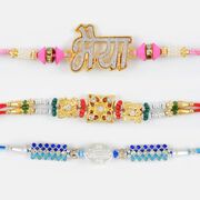 Bhaiya Rakhi along with Silver and Blue Diamonds Rakhi Set of 3