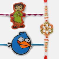 Zardozi Kundan Meena Rakhi with Cartoon Kids Rakhi Set of 3