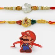 Super Mario Kids Rakhi along with Floral Designed and Diamond Studded Ganesha Rakhi Set of 3