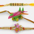 Glossy Beads and Pearls Rakhi Set of 3 with Kids Fighter Jet Rakhi