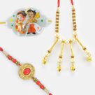Natkhat Bal Hanuman Rakhi with Designer Bhaiya-Bhabhi Rakhi Set of 3