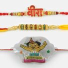 Red Diamond Studded and Colourful Diamonds Rakhi Set with Powerful Chhota Bheem Rakhi Set of 3