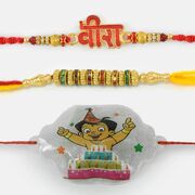 Red Diamond Studded and Colourful Diamonds Rakhi Set with Powerful Chhota Bheem Rakhi Set of 3