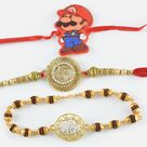 Veera Rudraksha Bracelet along with Golden Swastik and Super Mario Rakhi Set of 3