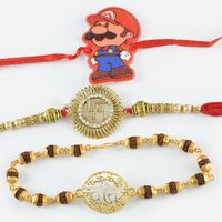 Veera Rudraksha Bracelet along with Golden Swastik and Super Mario Rakhi Set of 3