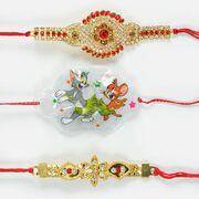 Exotic Red and Silver Diamond Rakhi Set with Dancing Tom and Jerry Kids Rakhi