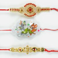 Exotic Red and Silver Diamond Rakhi Set with Dancing Tom and Jerry Kids Rakhi