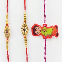 Meena Work 2 Rakhi for Brother with One Kid Rakhi Set of 3 Rakhis.