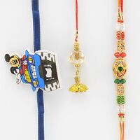 Fancy Golden Ganesha Rakhi with Lumba and 1 Mickey Mouse Kid Rakhi.