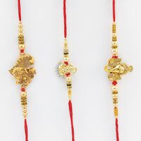 Golden Brother Rakhi set of 3 Rakhis of Ganesha, Krishna and Shiva.