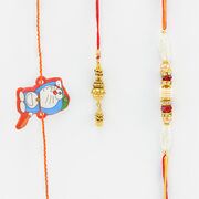 Pear Thread Rakhi with Lumba and a Kid Rakhi Set of 3 Rakhis.