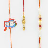 Pear Thread Rakhi with Lumba and a Kid Rakhi Set of 3 Rakhis.