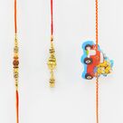 Rudraksh Tread Rakhi with Lumba Bhabhi Rakhi and Minions Kid Rakhi.