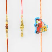 Rudraksh Tread Rakhi with Lumba Bhabhi Rakhi and Minions Kid Rakhi.