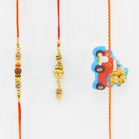 Rudraksh Tread Rakhi with Lumba Bhabhi Rakhi and Minions Kid Rakhi.