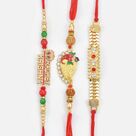 Bracelet Type Shri Ganesha Leaf and Radhey Krishna Written Three Brother Beautiful Rakhis 