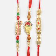 Bracelet Type Shri Ganesha Leaf and Radhey Krishna Written Three Brother Beautiful Rakhis 